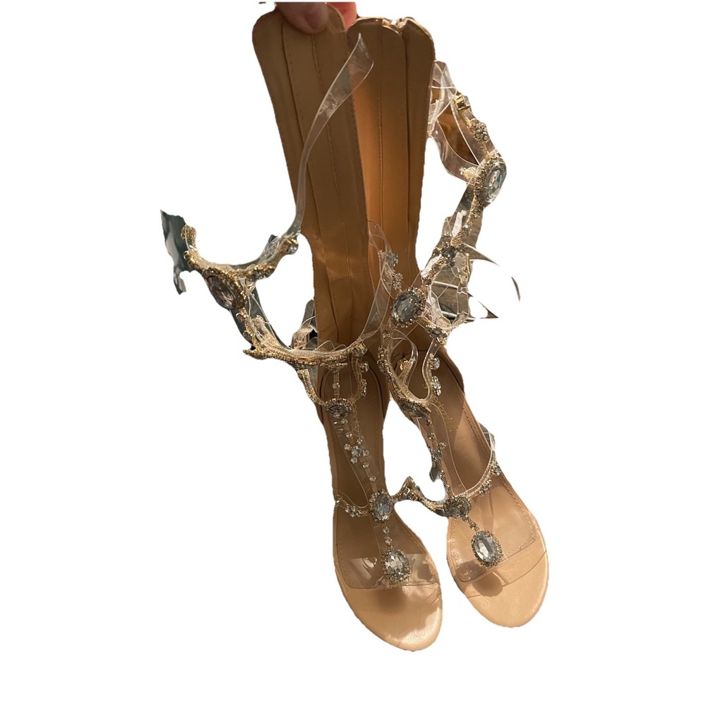 Shoedazzle high heels Size 12 Zipper Back Clear And Tan With Gems